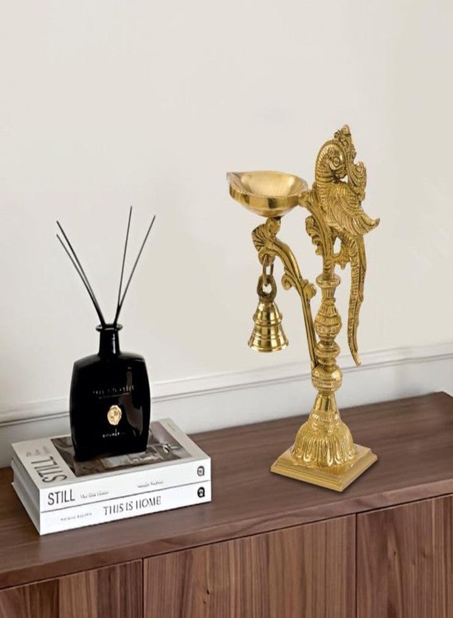 DEVDECOR Brass Peacock Decorative Diya with Traditional Bell Antique Deepak Design, Table Decor with Stand, Home Diwali Gift, Temple Pooja, Gold Colour (20X12.5X8cm) | 687 gram - Image 3